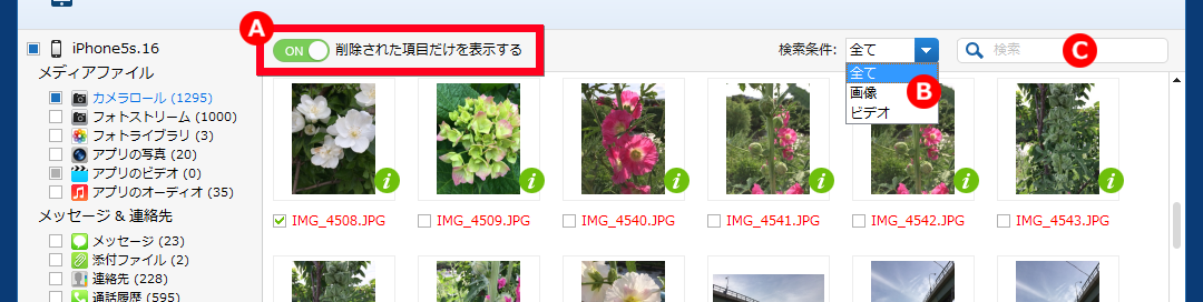 復元_iOS端末から復元_ファイルの選択_検索機能