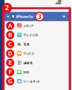 スマホWOW!!! データ管理 for iPhone 接続している端末名　ファイルカテゴリ メディア,プレイリスト,写真,ブックス,連絡先,SMS(メッセージ）など