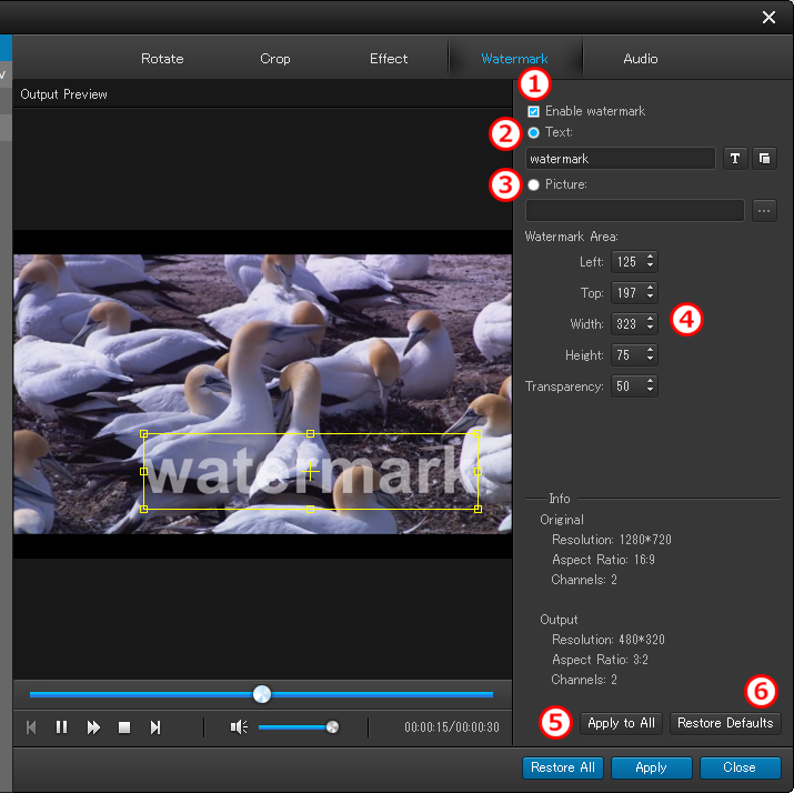 iPhone 音楽・動画変換 編集画面 透かし