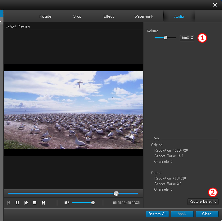 iPhone 音楽・動画変換 編集画面 音量