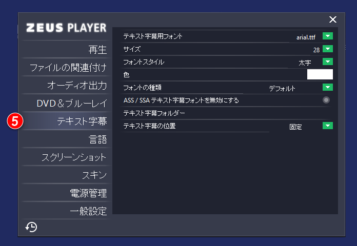 ZEUS PLAYER設定画面 テキスト字幕